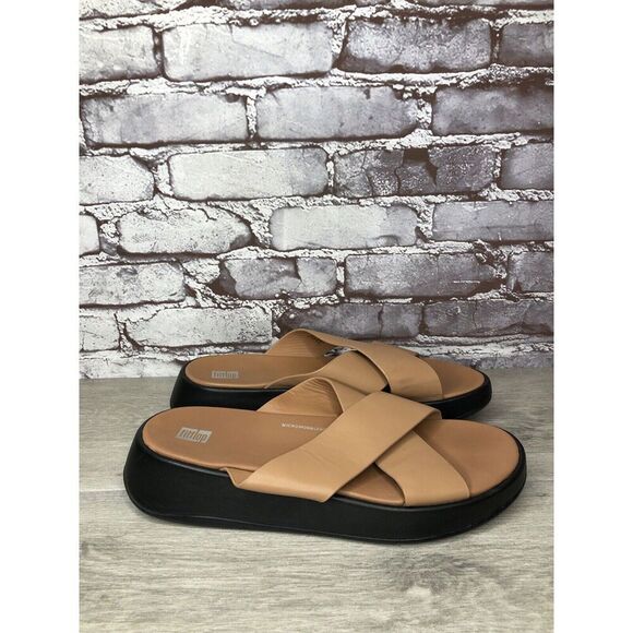 Fitflop F-Mode Brown Leather Flatform Cross Strap Slides Women’s Sz 10M US/42EU - Picture 3 of 16